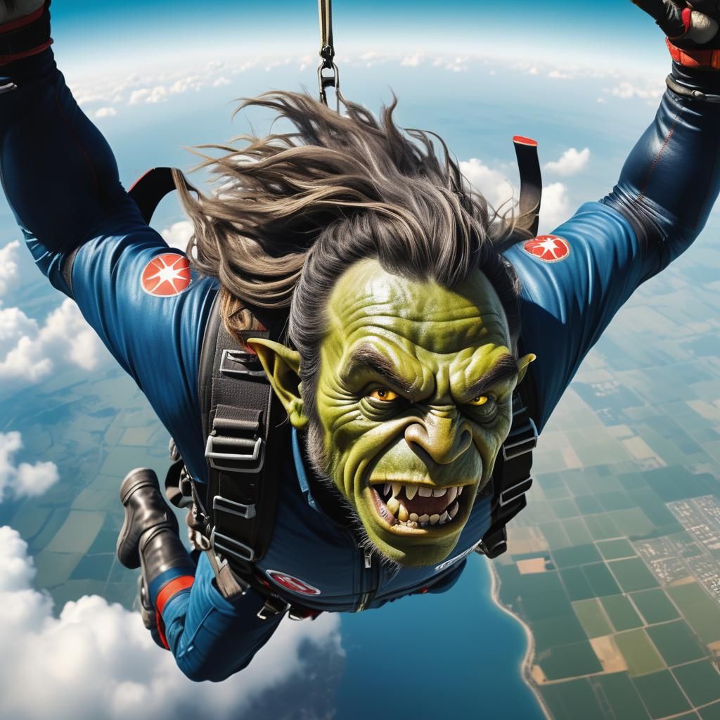 Excited Orc Skydiving in Hyperrealistic Detail