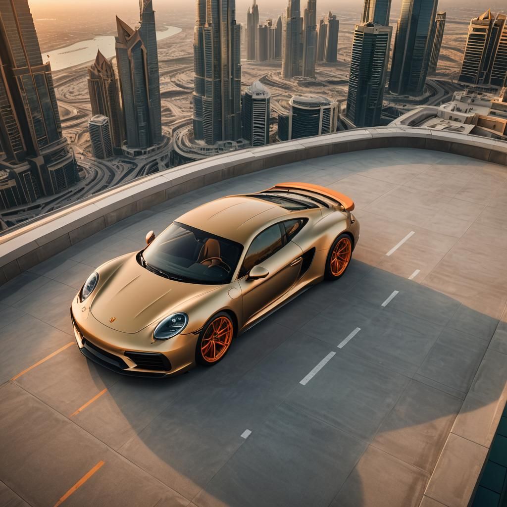 Futuristic Gold Porsche on Dubai Helipad at Sunset