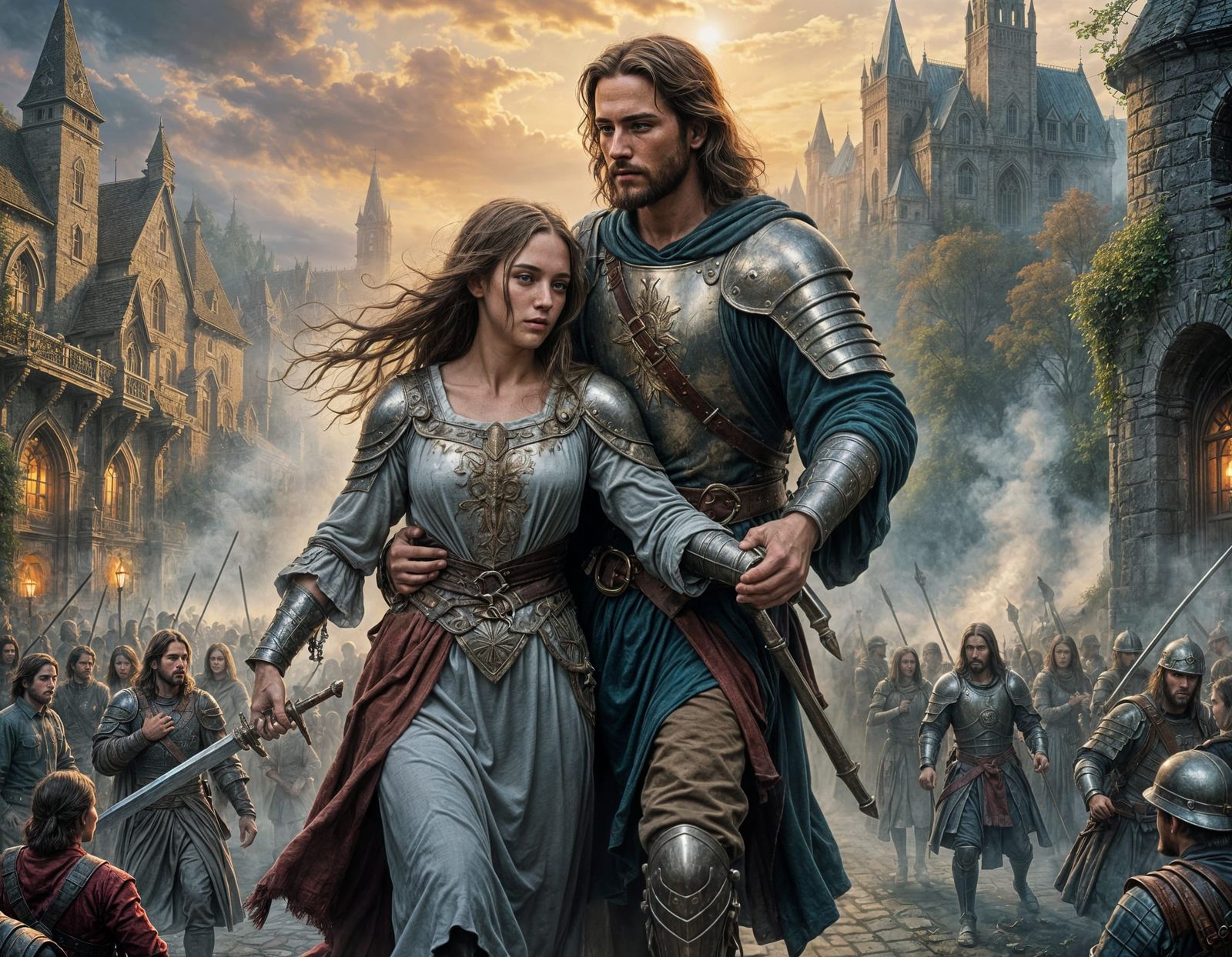 Jesus Carries Wounded Knight in Ethereal Fantasy Style