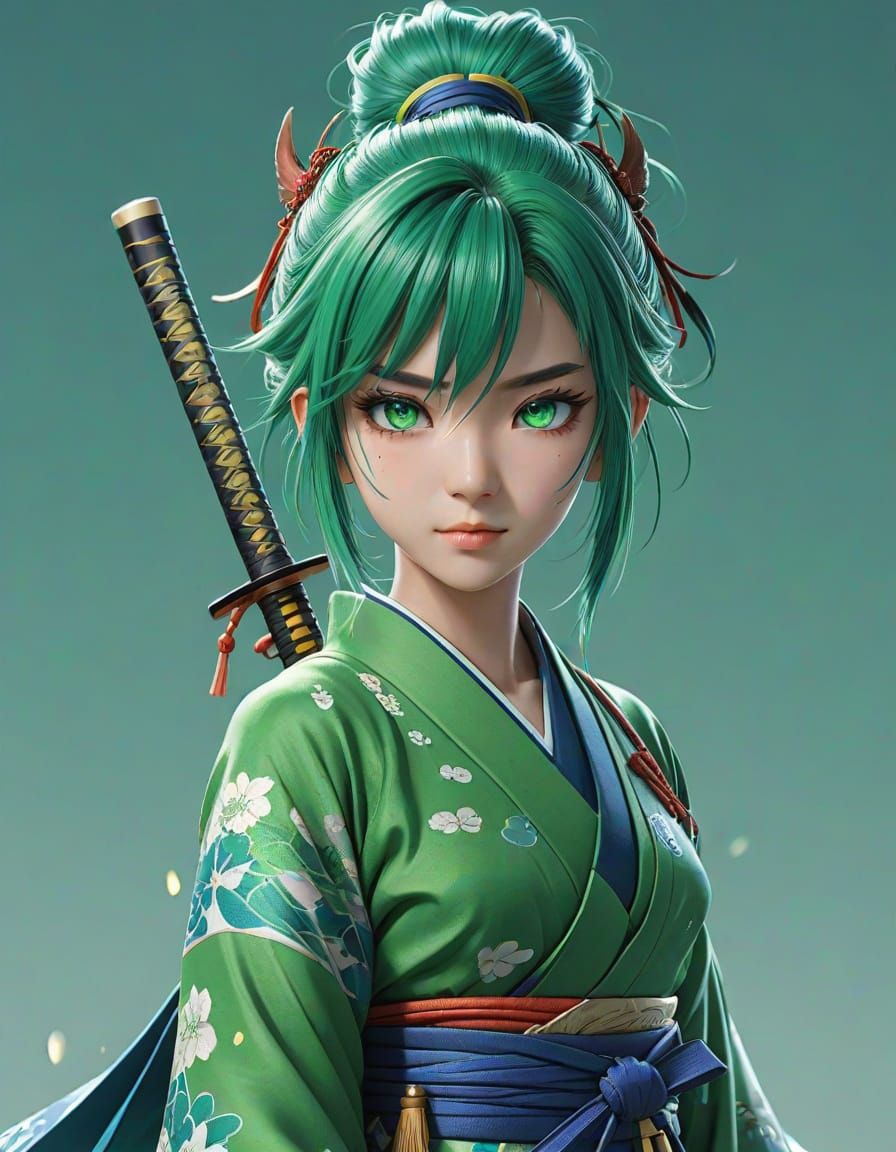 Surreal Anime Dragon Woman with Vibrant Green Hair and Kimon...