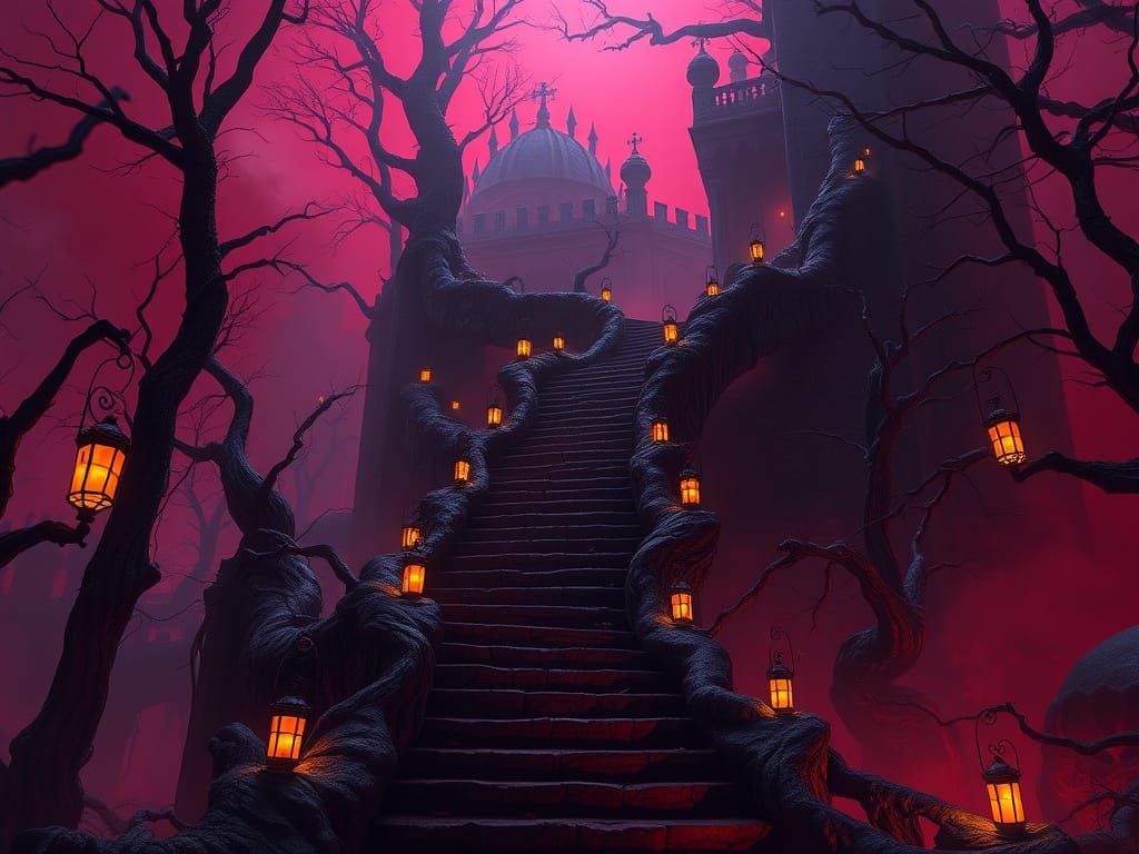 Gothic Staircase in Dark Fantasy Realm