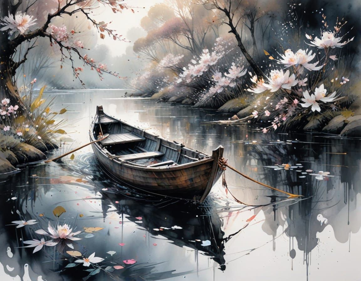 Ink River Boat in Calligraphic Japanese Style