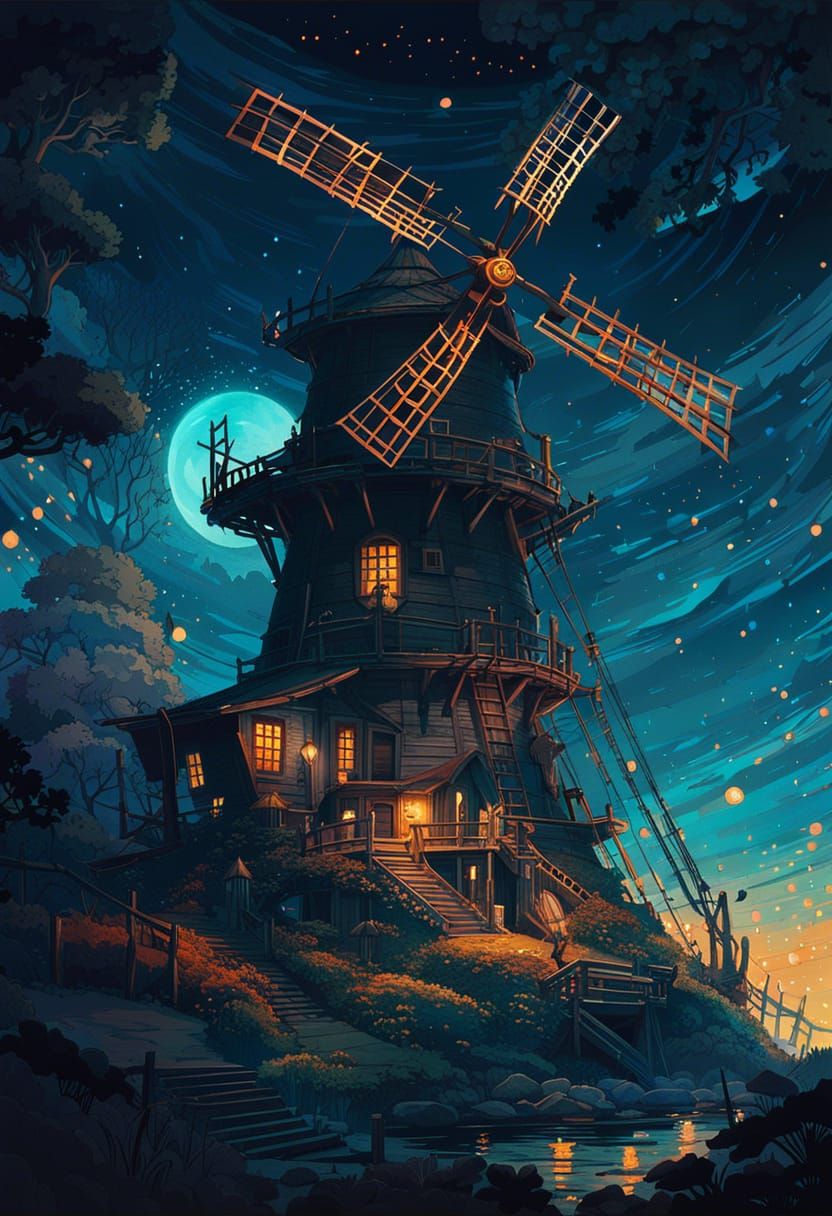 Fantasy Windmill at Night in Storybook Watercolor Style