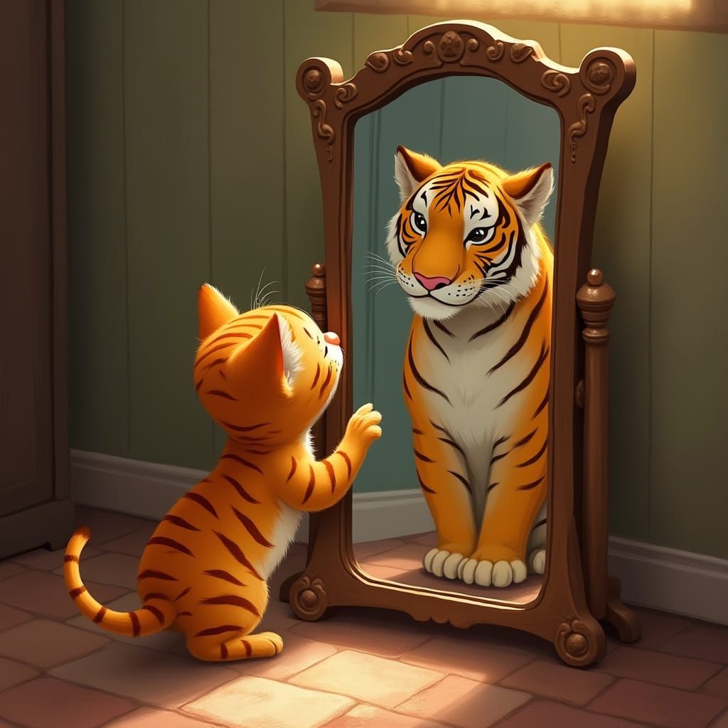 Orange Tabby Kitten Sees Tiger Reflection in Mirror