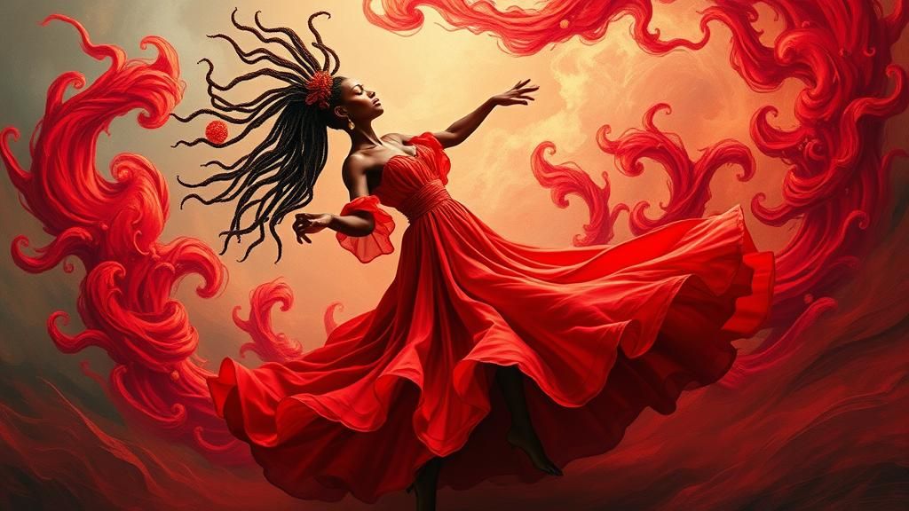 African Woman Dances in Renaissance-Inspired Dreamscape