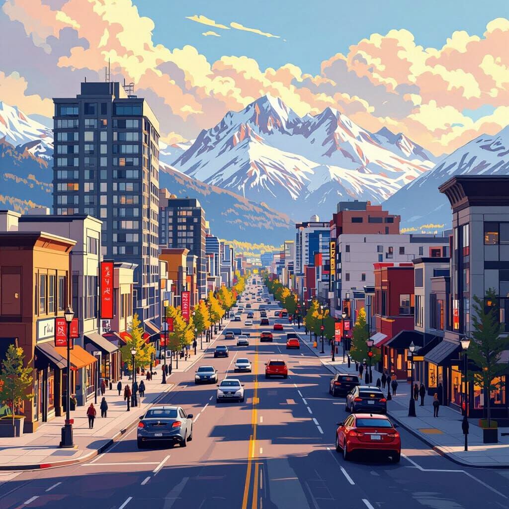 Anchorage Downtown Road in Vibrant Digital Art Style