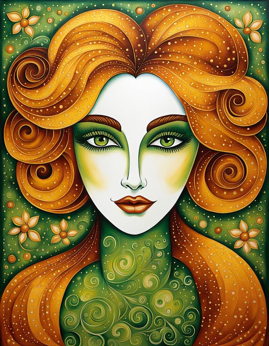Whimsical Folk Art Portrait of Amber-Haired Woman