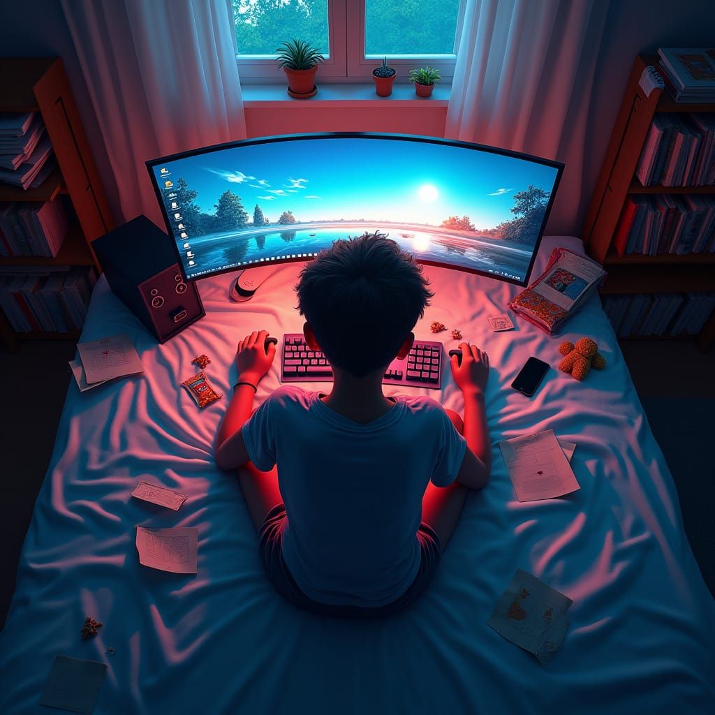 Boy Typing at Computer in Lofi Fisheye View
