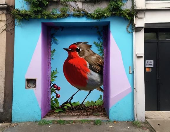 Robin and Berries Graffiti Mural