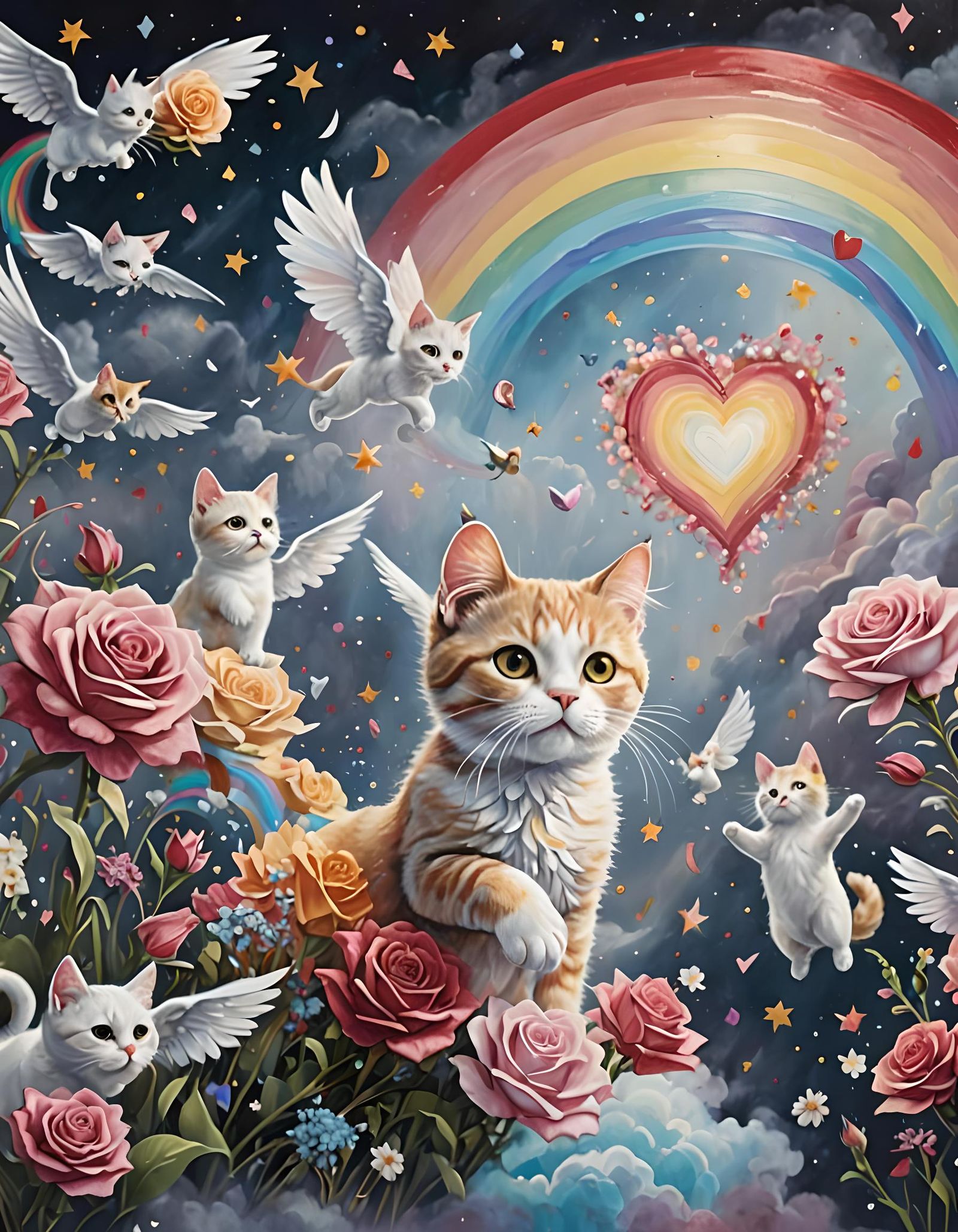 Cat Angels in Mystical Pastel Sky: Renaissance Art