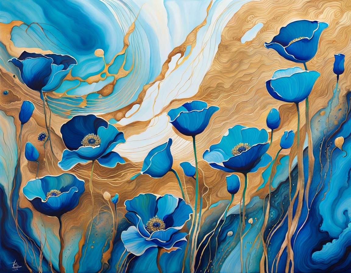 Abstract Blue Poppies in Watercolor Ink Illustration