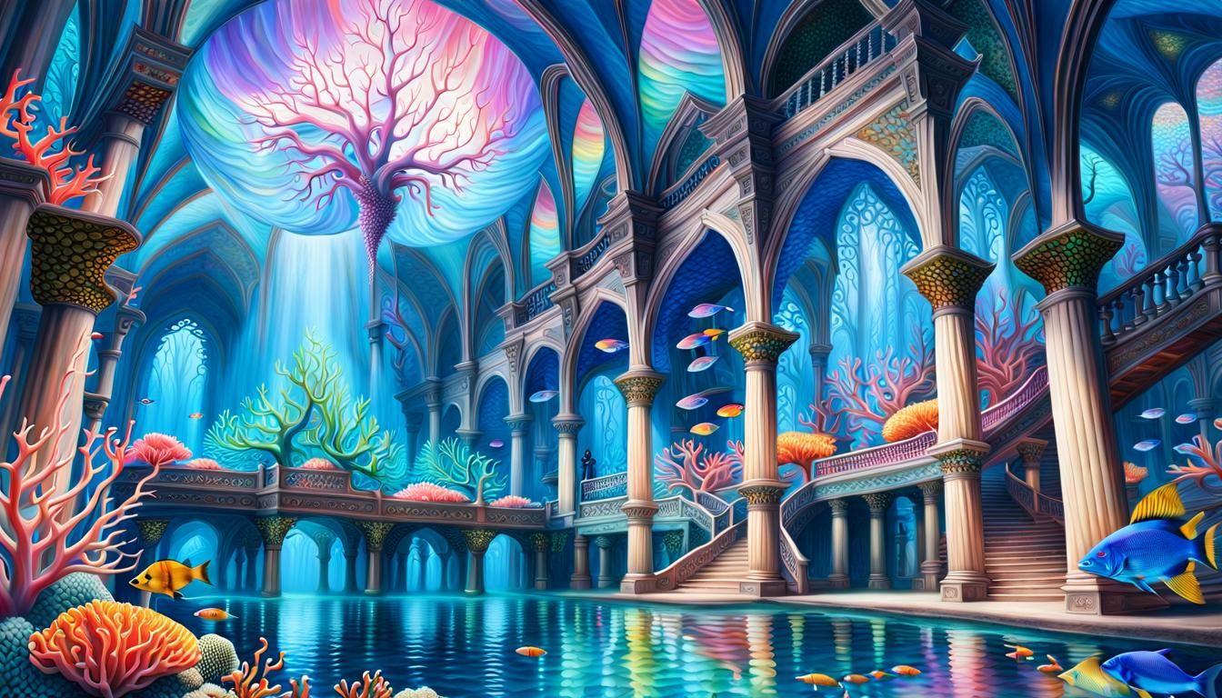Underwater Palace with Coral and Colorful Fish