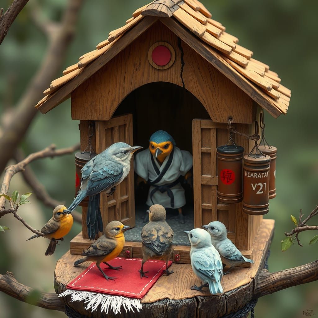 Whimsical Dojo Birdhouse in Matte Painting Style