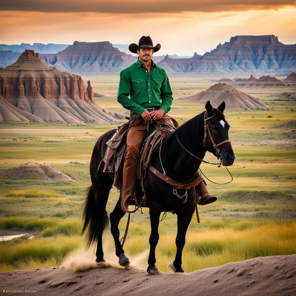Cowboy on Horseback in Western Badlands