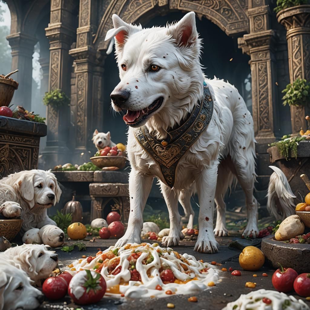 Detailed Matte Painting of White Dog Eating