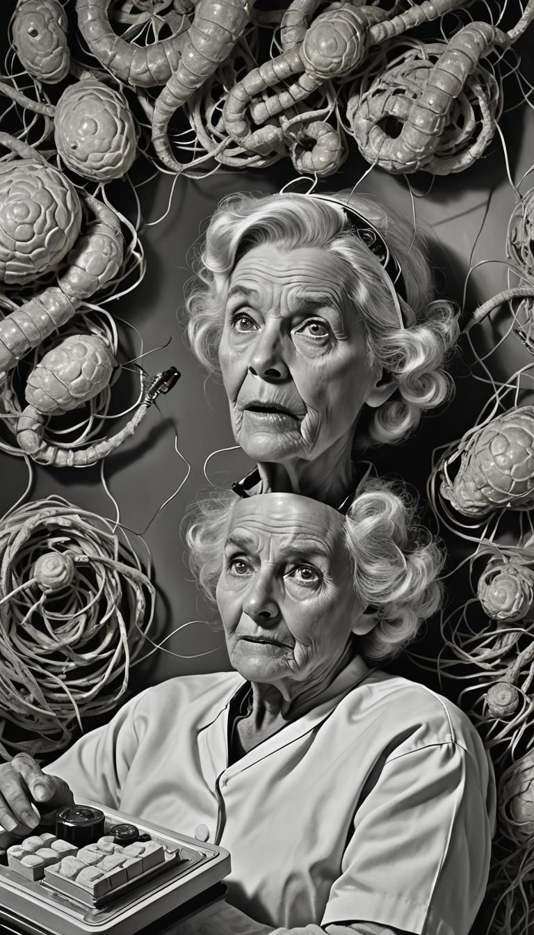 Distressed Nurse Portrait in Retro Sci-Fi Style