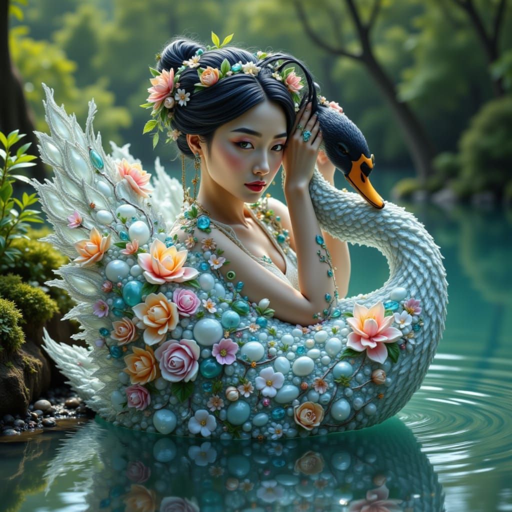 Gemstone Maiden Embraces Luminous Swan in Fantasy Art