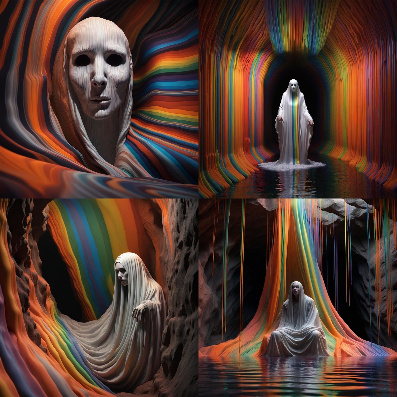 Rainbow Ghost in Cave: Hyperrealistic Digital Art