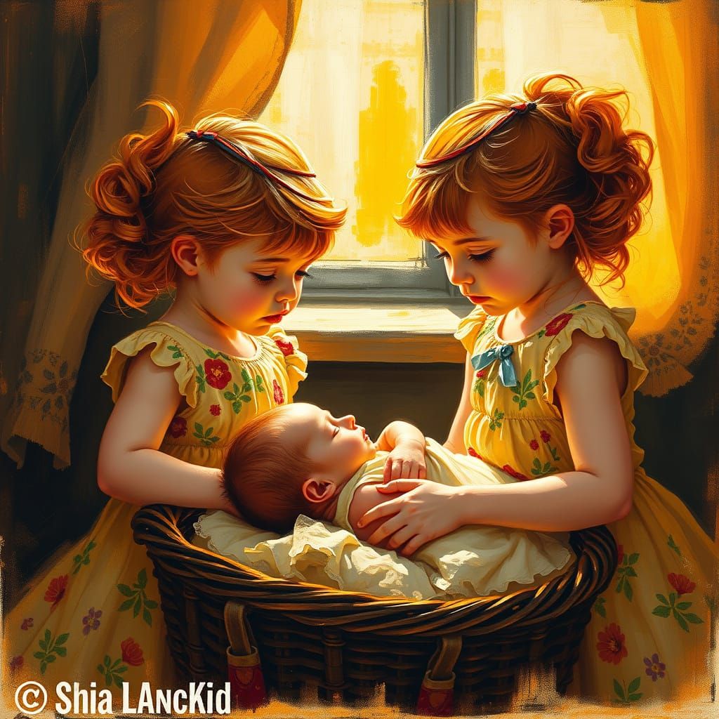 Redheaded Twins Admire Newborn Brother: Expressionist Style