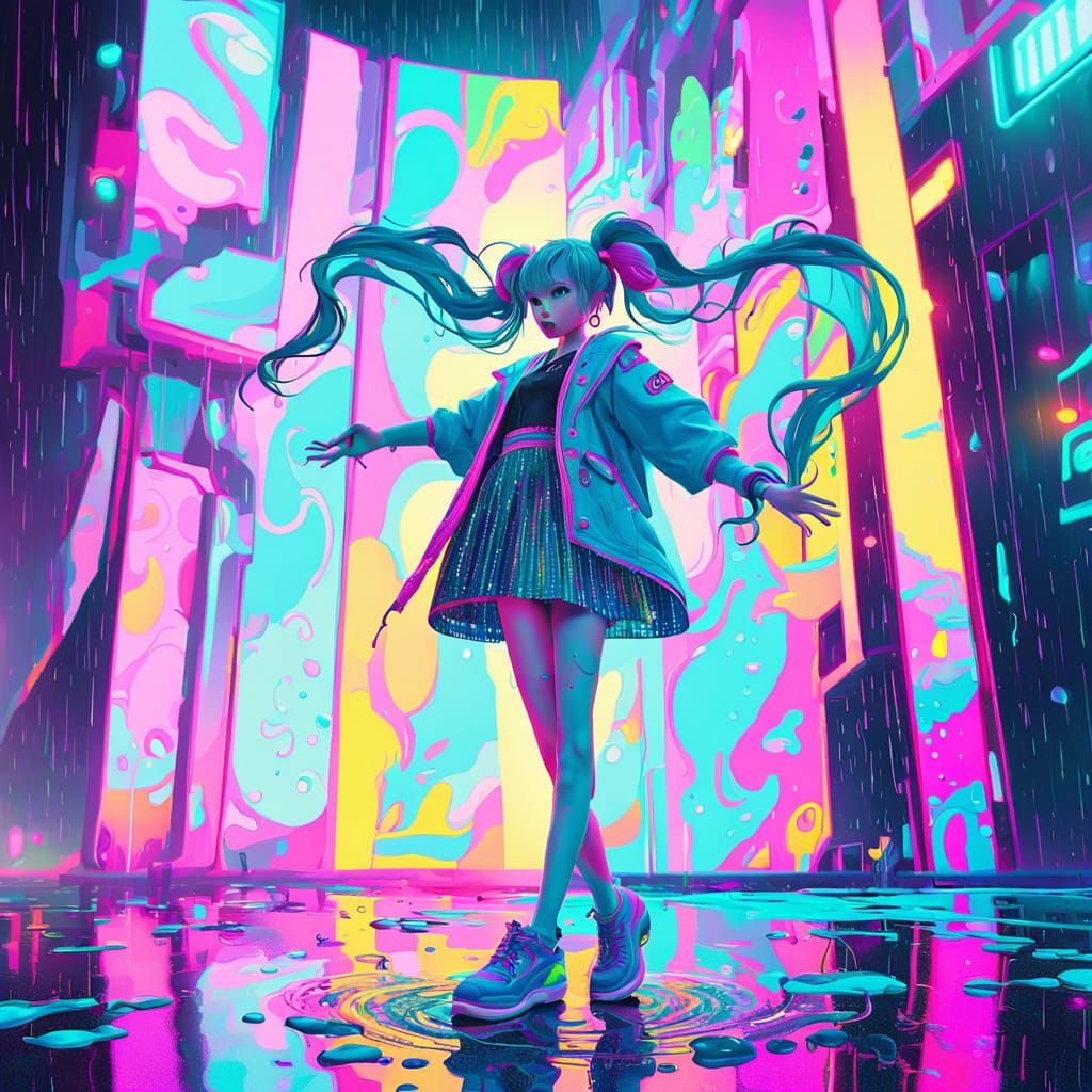 Hatsune Miku Dancing in the Rain: Anime-Inspired Digital Art