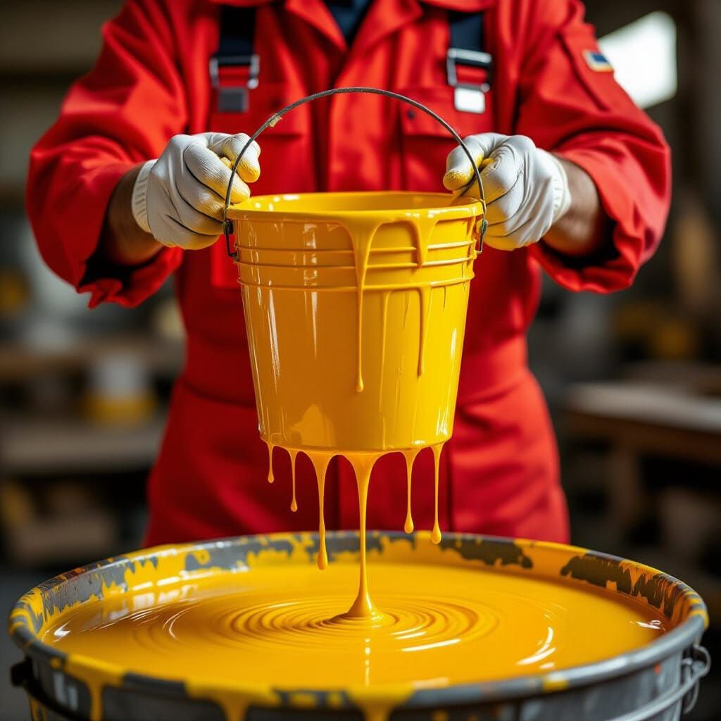 Worker with Dripping Paint Bucket in Air