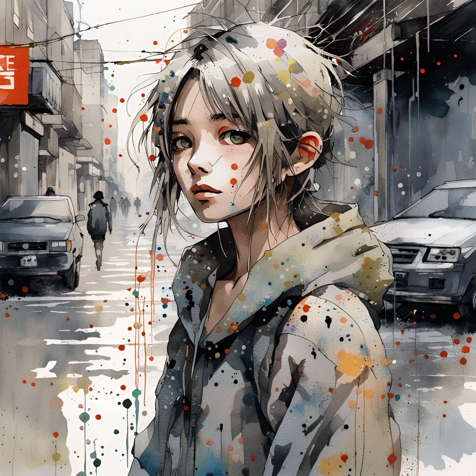 Anime Girl in Street Art with Paint Splatter Effect