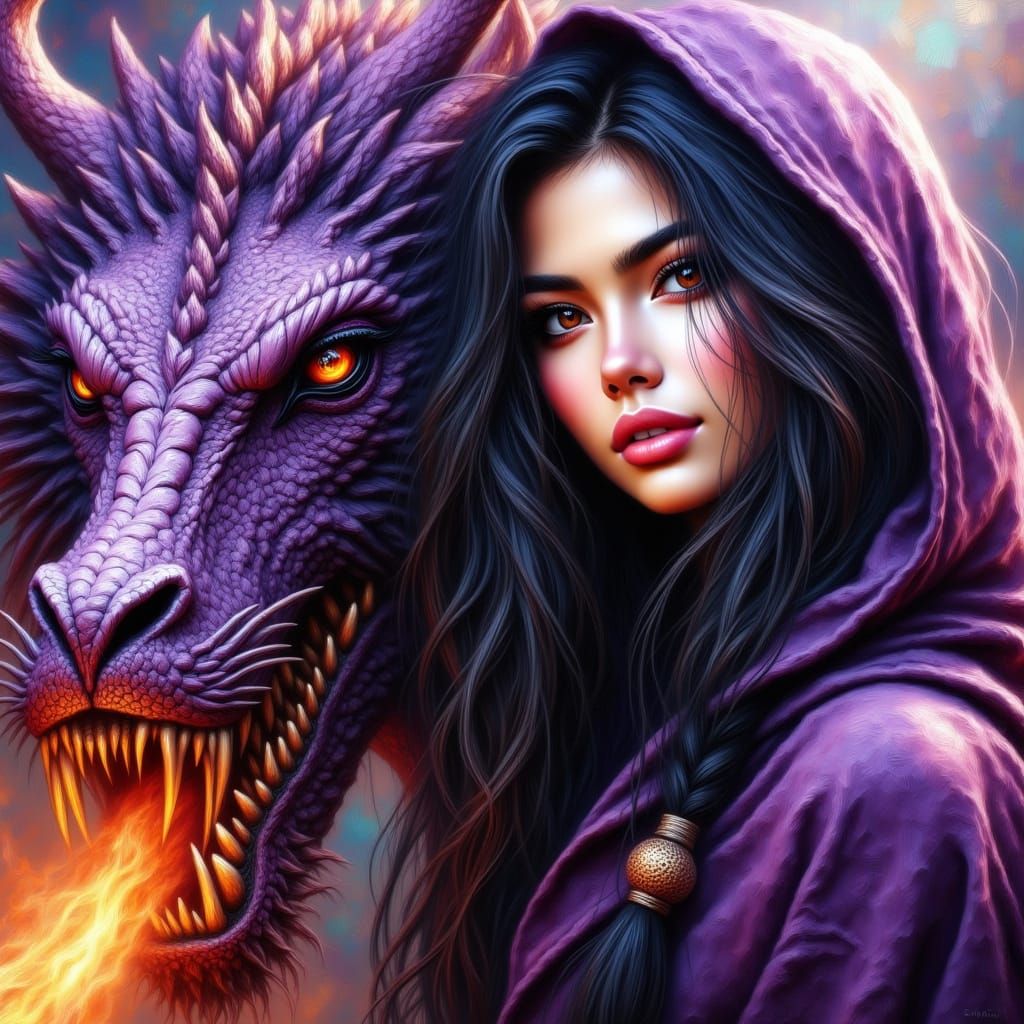 Woman Beside Fire-Breathing Purple Dragon in Splash Art Styl...
