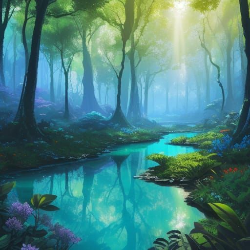 Lush Forest with Glowing Flowers: Fantasy Concept Art