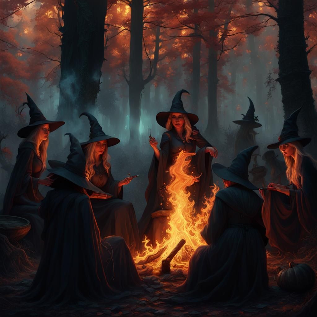 Witches Casting Spells in a Dark Fantasy Scottish Forest