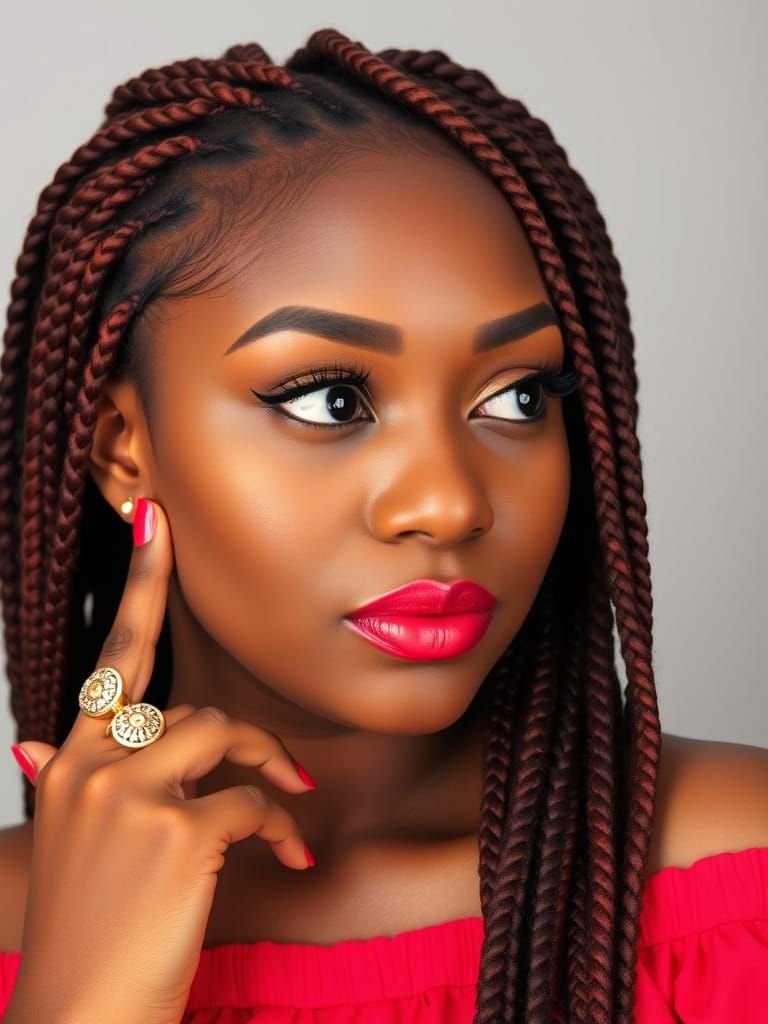 Glamorous Black Woman with Red Braids and Red Lipstick