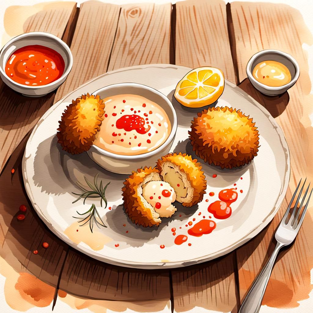 Golden Crab Cream Croquette in Watercolor Style