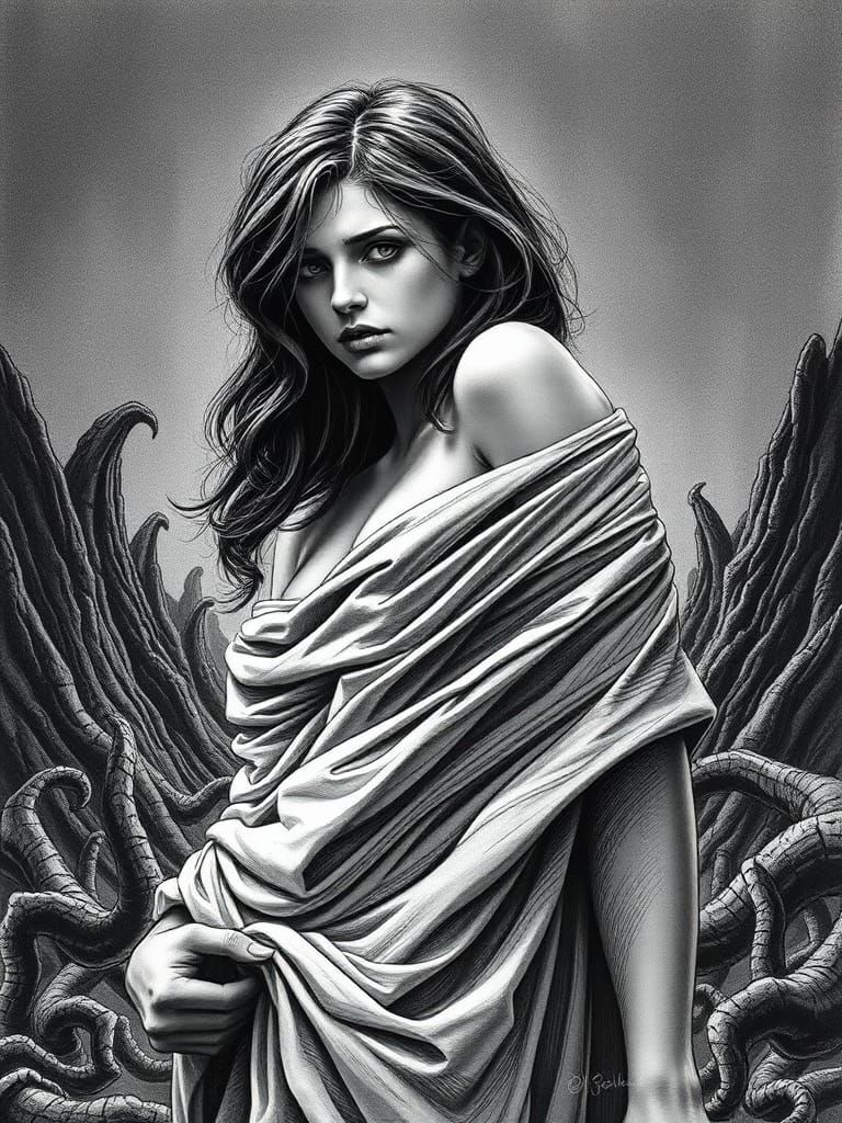 Dramatic Woman in Hellish Landscape, Inspired by Gustave Dor...