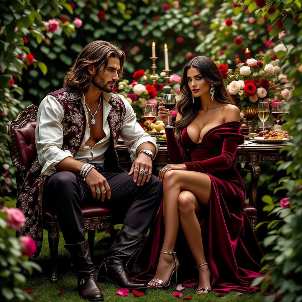 Seductive Couple in Lush Garden, Hyperrealistic Style