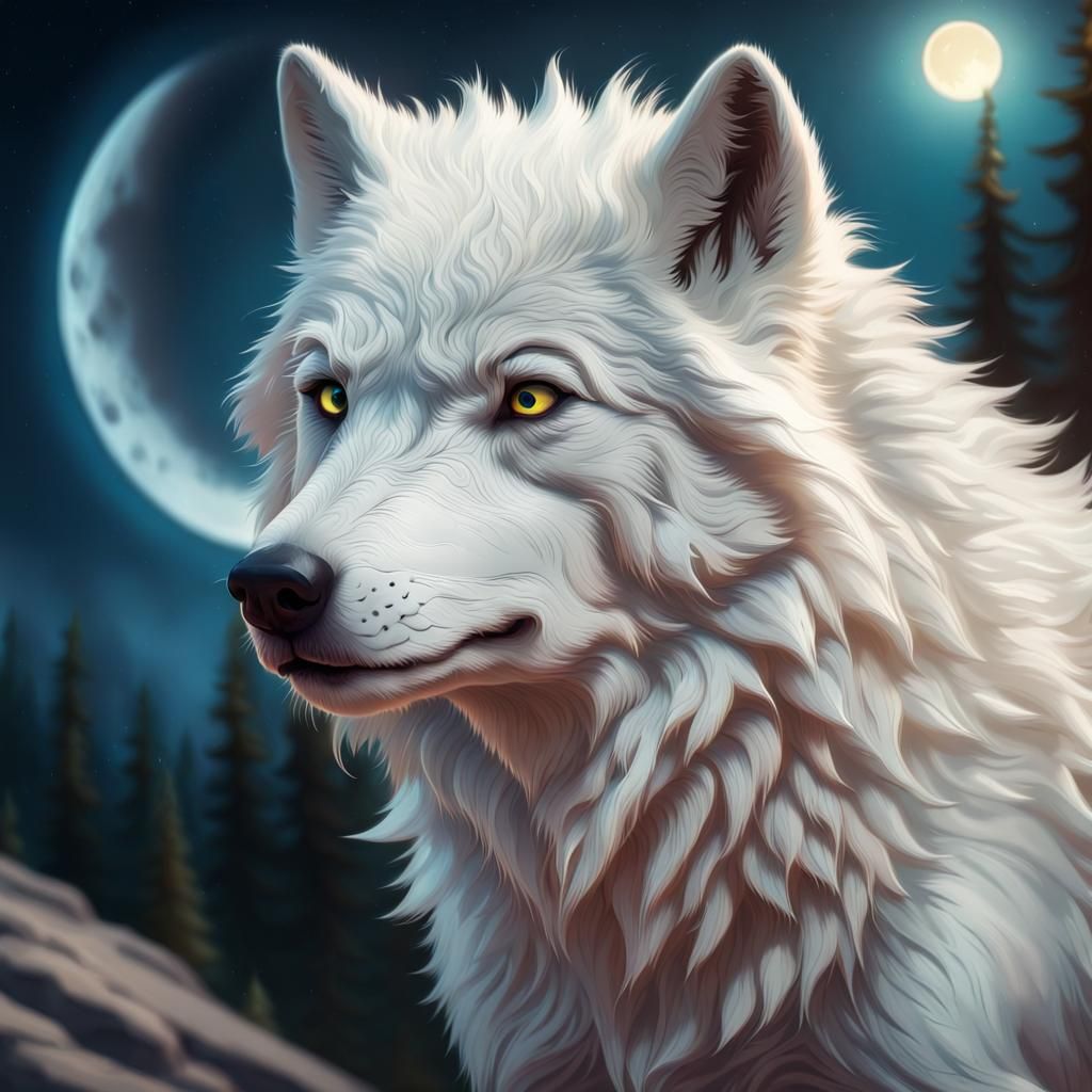 Furry White Wolf in Surreal Moonlight, Splash Art