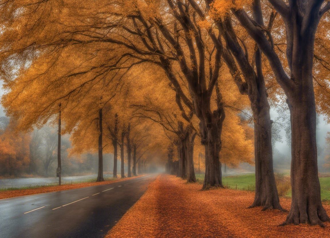 Autumn Road after Rain: Hyperrealistic, High-Contrast