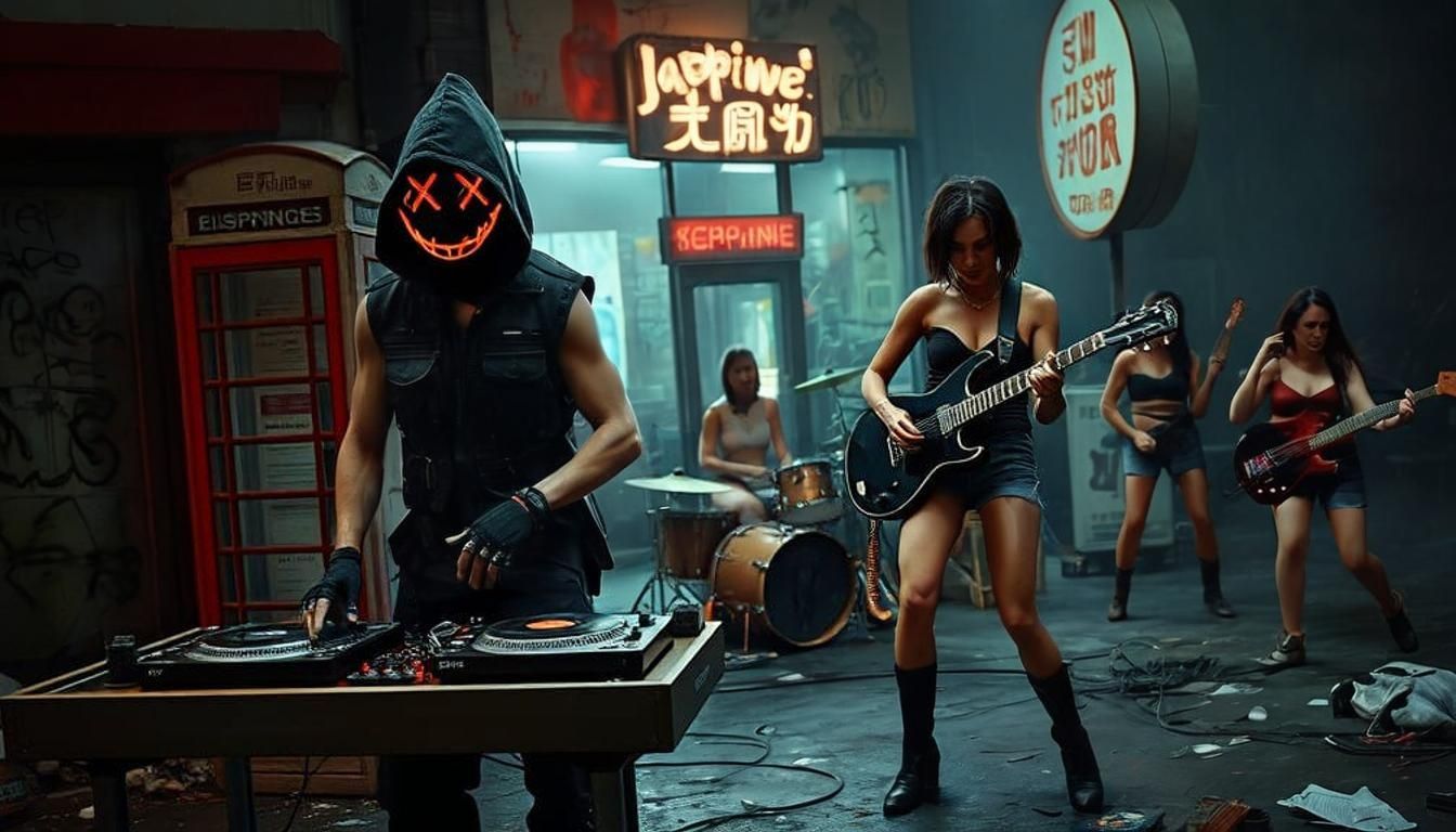 Cyberpunk Figure Plays Music in Abandoned Warehouse