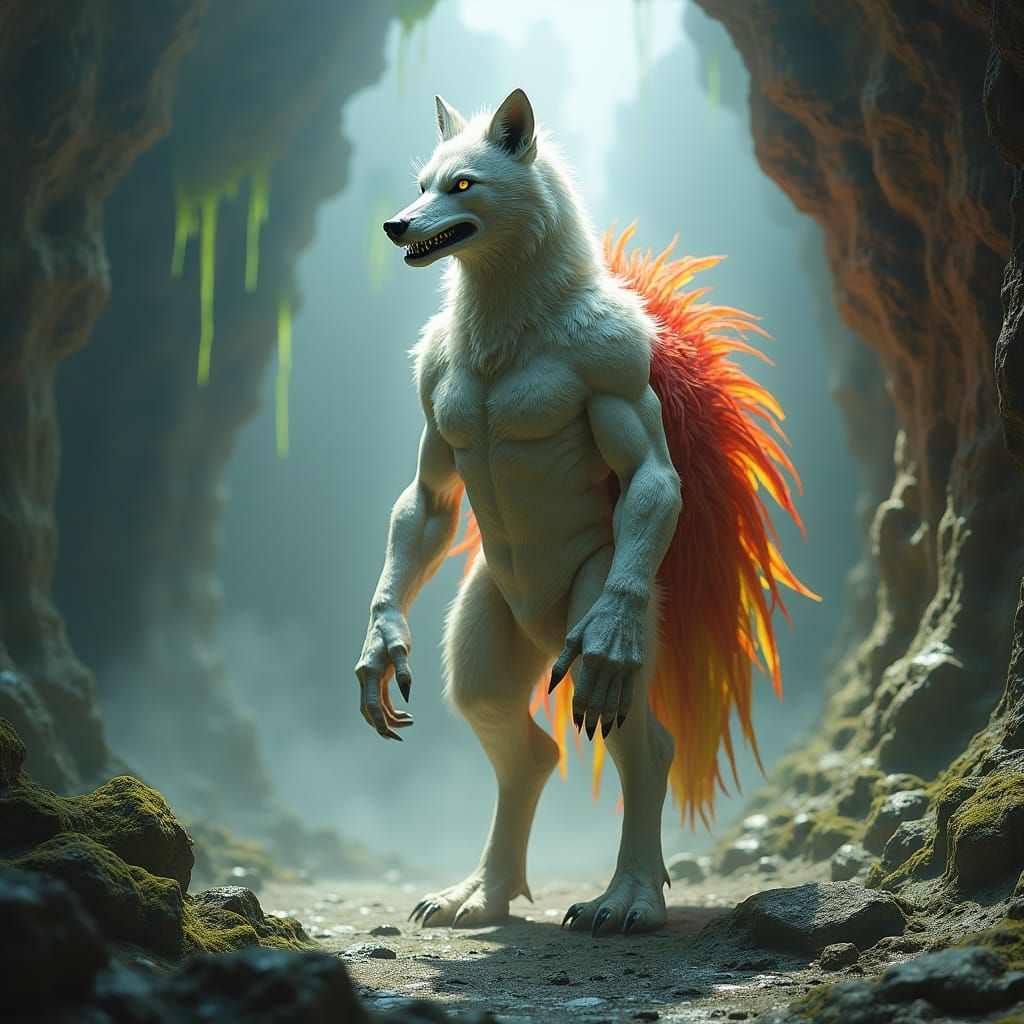 Wolf-Human-Ostrich Fusion Creature in Ethereal Cavern