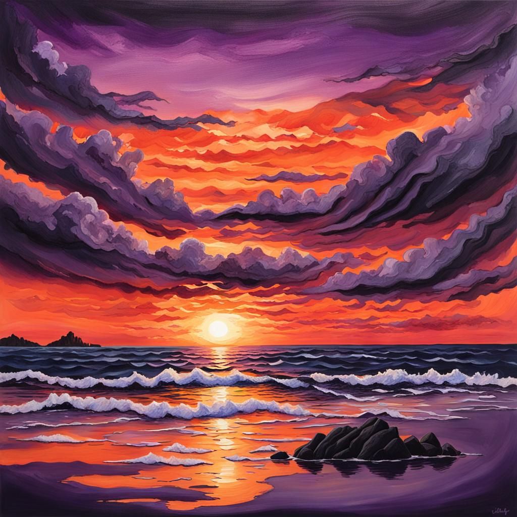 Vibrant Sunset Over Ocean, Gouache Painting