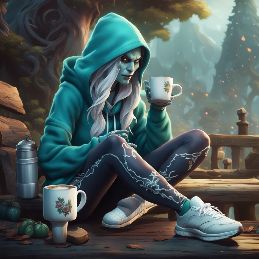 Sylvanas Windrunner Enjoying Coffee: Detailed Fantasy Art
