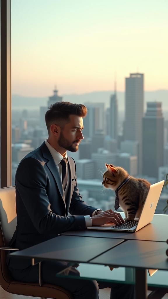 Auckland Businessman and Cat: 3D Rendered Office Scene