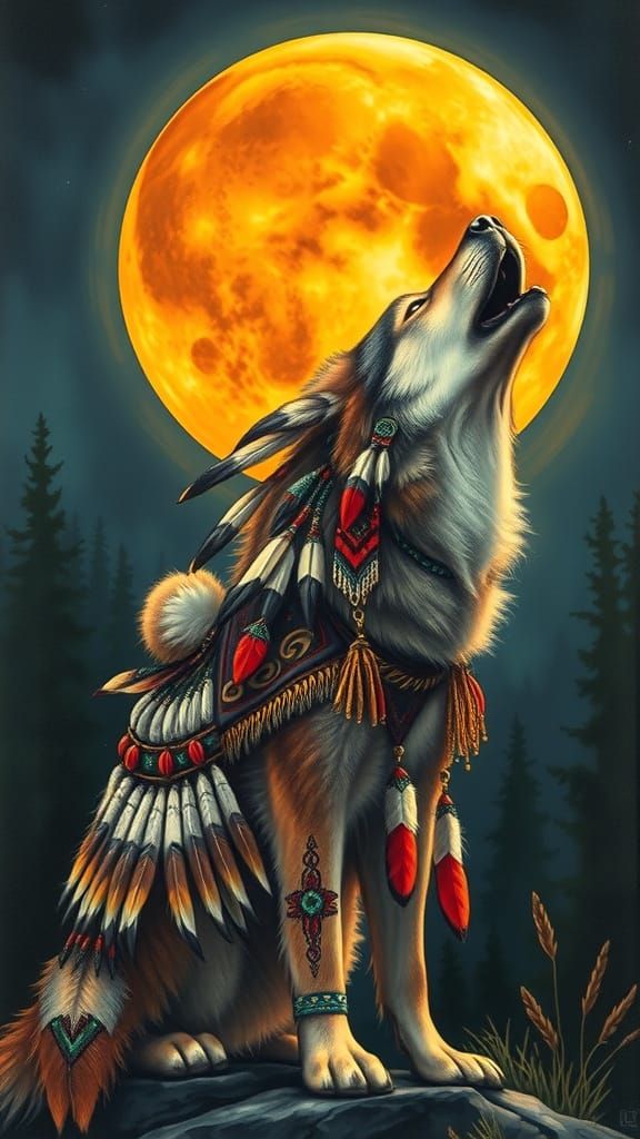 Lone Wolf Under Full Moon in Traditional Native Art