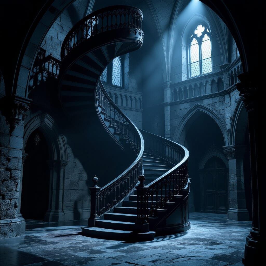Gothic Hamlet Theatrical Set With Spiral Staircase