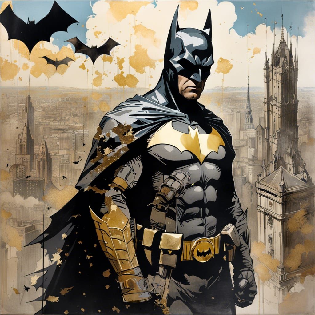 Batman Double Exposure Portrait with Bats and Gargoyles