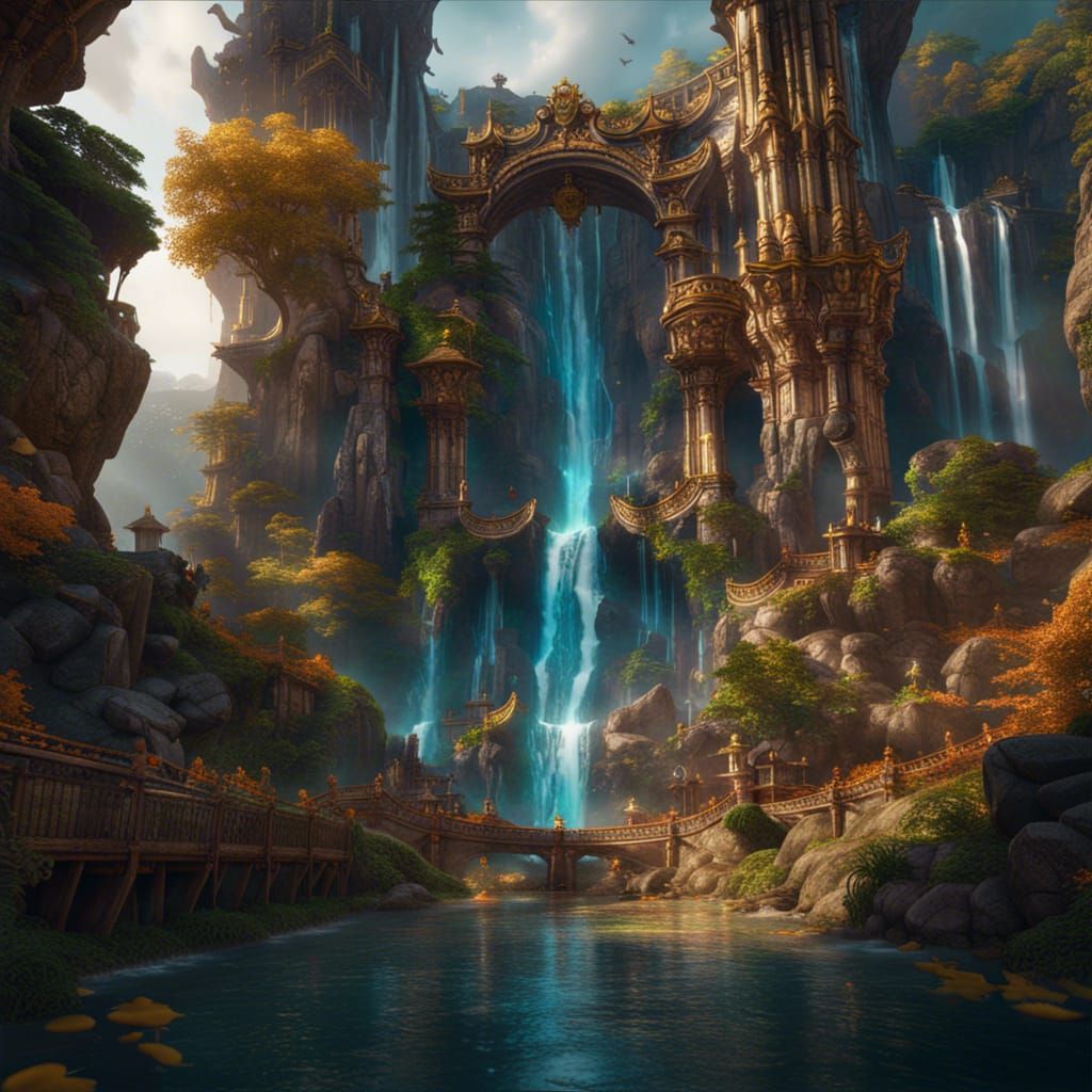 Golden Waterfalls of Babylon: Detailed Fantasy Art
