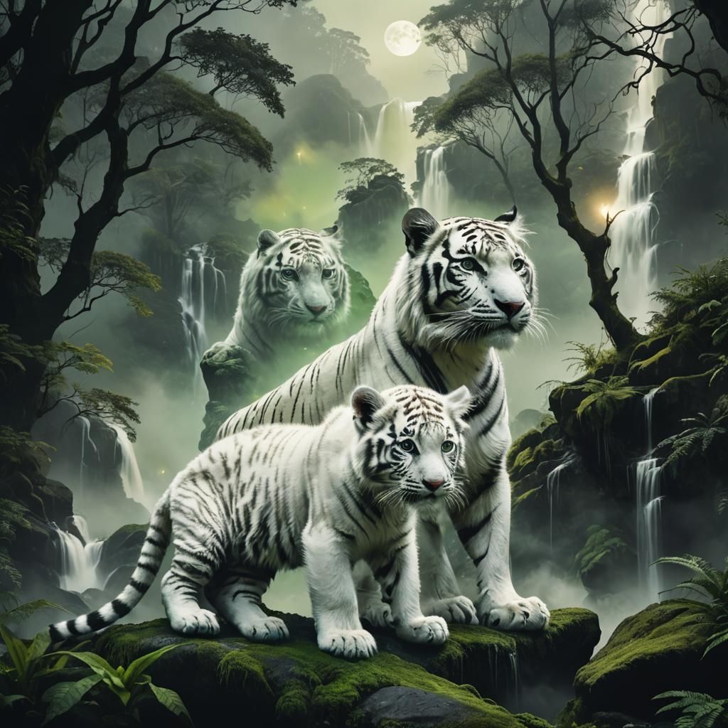Surreal White Tiger Double Exposure Landscape