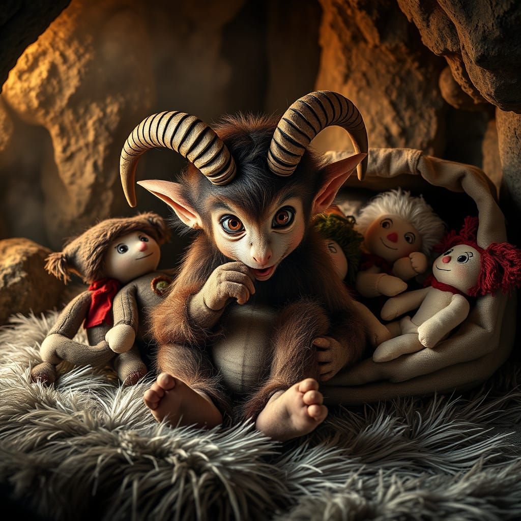 Adorable Baby Krampus in Cozy Alpine Cave