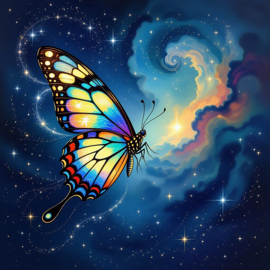 Ethereal Stained Glass Butterfly in Cosmic Nebula