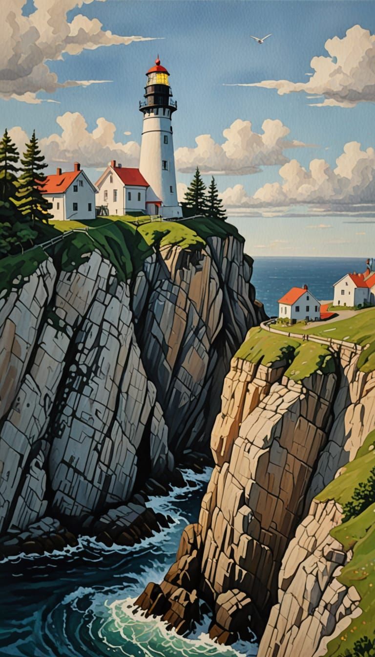Coastal Lighthouse Scene in Gauache Style