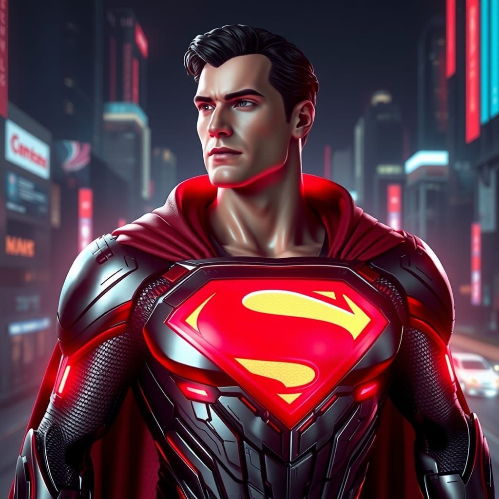 Futuristic Superman in Cyberpunk Cityscape