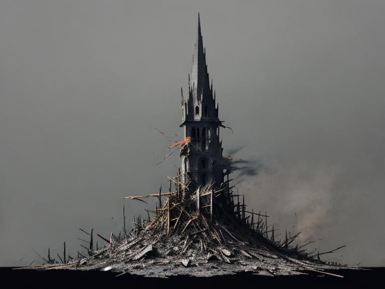 Ruined Spire in Basquiat Suminagashi Style